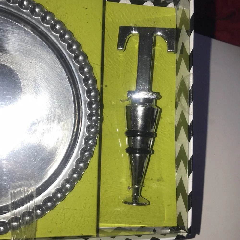 NIB “T” Initial Plate + Wine Stopper Set